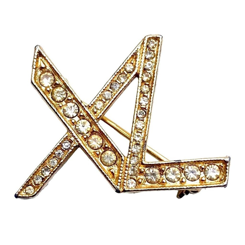Vintage Womens Brooch Gold Tone Metallic Round Rhinestone XL Initials